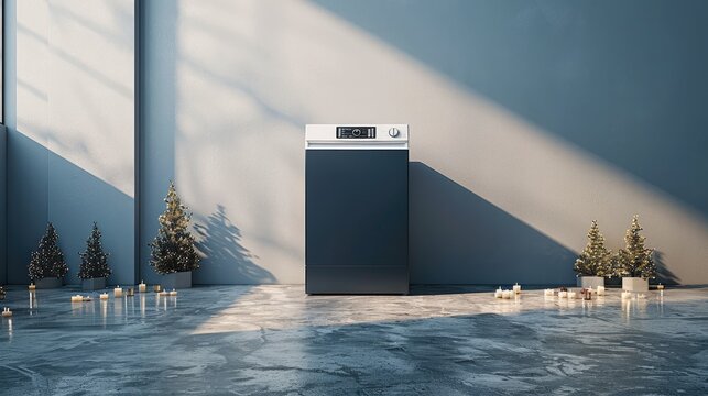 A sleek black modern top-loading washing machine standing in a minimalist concrete room transformed for New Year's celebrations. Positioned in the corner of the room.