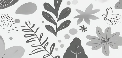 Fototapeta premium Abstract grayscale botanical illustration featuring various leaves, flowers, and organic shapes.