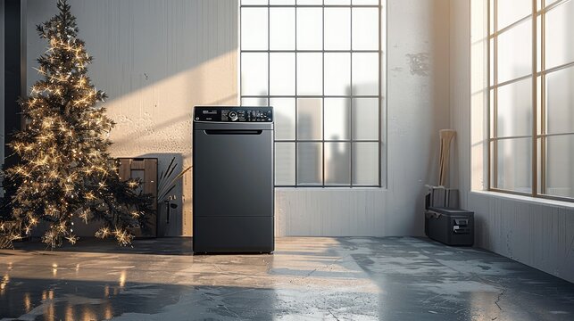 A sleek black modern top-loading washing machine standing in a minimalist concrete room transformed for New Year's celebrations. Positioned in the corner of the room.