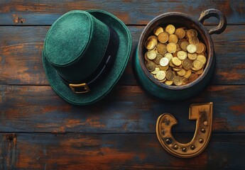 St. Patrick's Day Celebration with Leprechaun Hat and Pot of Gold on Rustic Wooden Background, Perfect for Festive Themes and Irish Culture Representations