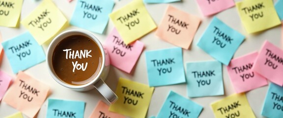 Cup of coffee surrounded by colorful thank you sticky notes on a table