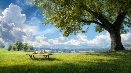 A picnic setup in a grassy meadow under the shade of a large tree