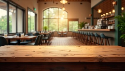 Empty wooden table in modern cafe. Blurred background shows many tables, chairs in bright interior restaurant with big windows. Natural light illuminates space. Relaxing cafe atmosphere with sunny