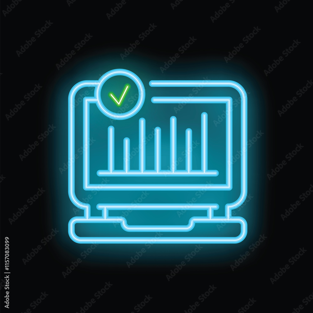 Poster glowing neon icon of a laptop displaying a validated data chart