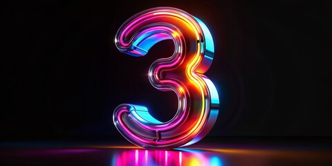Vibrant 3D Neon Number Three, Colorful Panoramic Digital Art