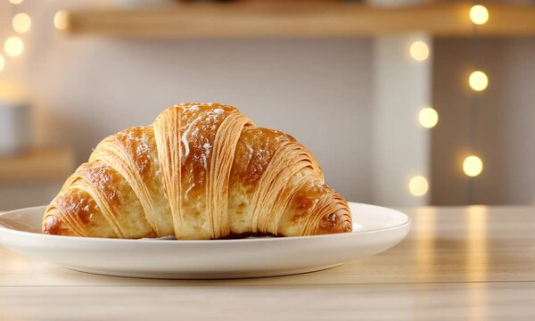 Delicious golden croissant on white plate, bokeh background.