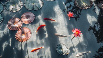 Tranquil Pond with Colorful Koi Fish and Vibrant Water Lilies