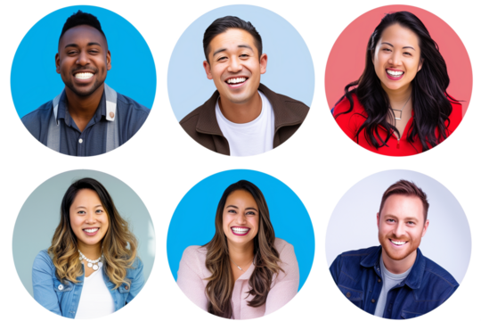 Diverse Group of Smiling People in Circular Portraits on Transparent Background
