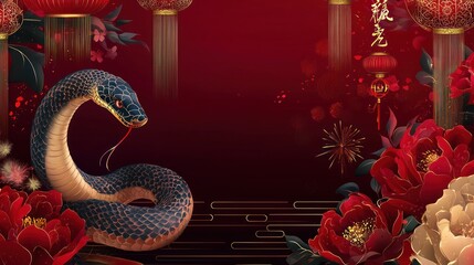Elegant Black Snake Red Flowers Chinese Lanterns Festive Background
