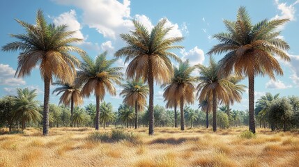 Lush oasis with tall palm trees under a sunny sky.