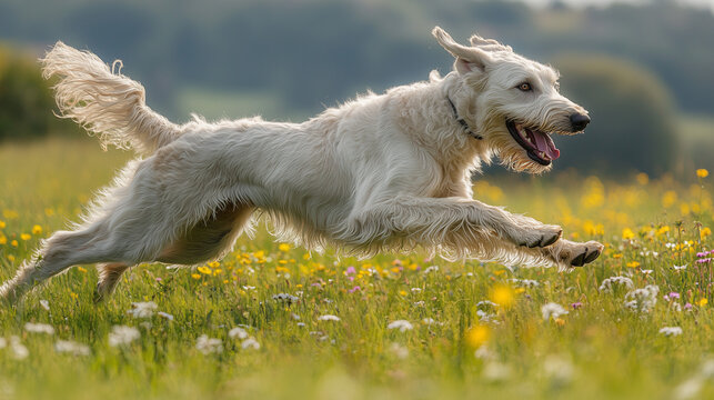 Irish wolfhound joyfully running through a flower-filled meadow