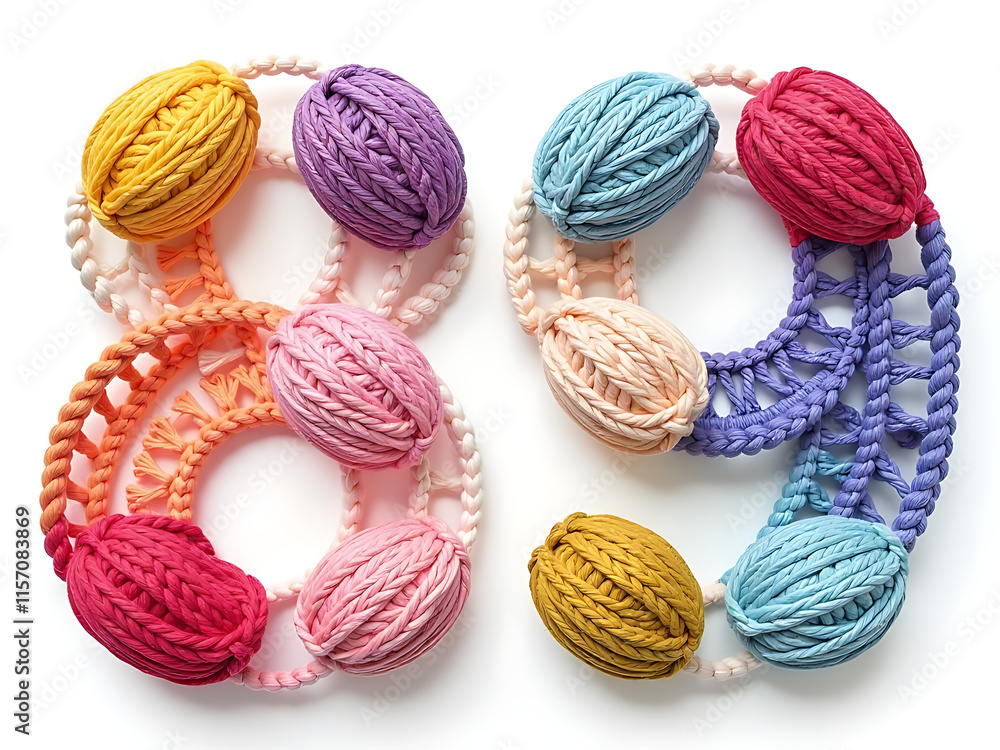 Poster number eight and nine crocheted knitted colorful items isolated on a clean white background display.