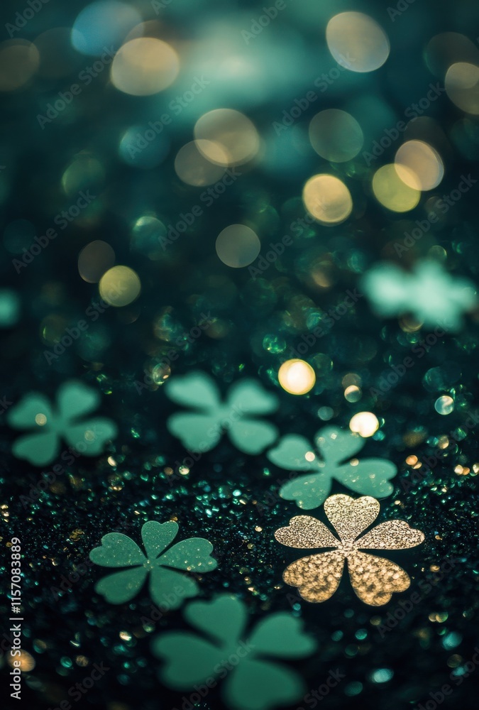Poster stunning close-up image of glittering green and gold shamrocks on a shimmering background with bokeh