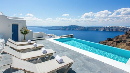 Fototapeta premium Infinity pool overlooking Aegean sea, Santorini.