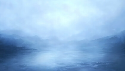 Fototapeta premium Serene misty landscape; tranquil blue water reflects soft light, showcasing calm mountains in the distance, creating a peaceful and dreamy atmosphere.