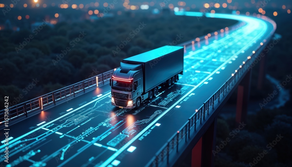 Aufkleber futuristic highway with glowing data streams, semi-truck. smart logistics tech for future transport.