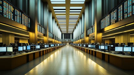 早朝の静かな日本の証券取引所フロアと整然としたデスク