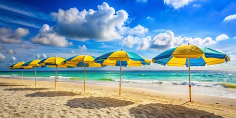 Fototapeta premium Vibrant Blue and Yellow Umbrellas on Sunny Beach - Summer Vacation Stock Photo