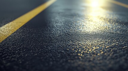 Wet asphalt road surface with yellow lines, close-up.