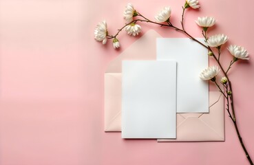 Blank invitation cards mockup with pink envelopes, white flowers on pastel pink background. Stationery design for greeting cards invitations. Empty space for message text. Floral accents add