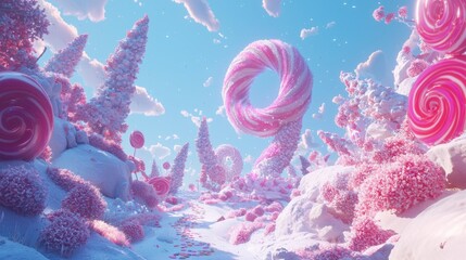 Obraz premium Whimsical candy landscape with pink swirls, lollipop trees, and snowy terrain.