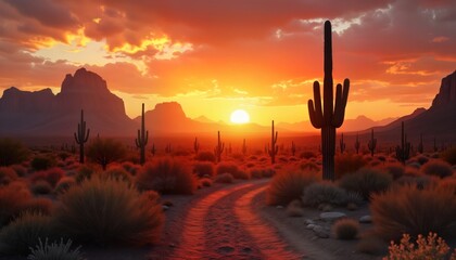 Dramatic sunset paints desert landscape. Dirt road winds through field of cacti, scrub. Mountains rise in background. Scene is serene, peaceful. Great photo for travel brochures or nature calendars.