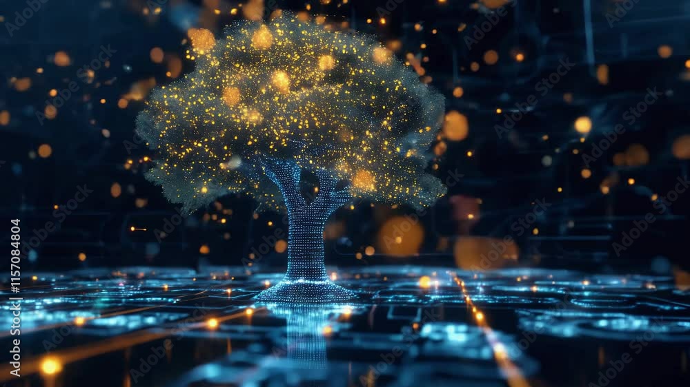 Aufkleber digital tree with glowing nodes and connections on blue background. concept of data science, artific