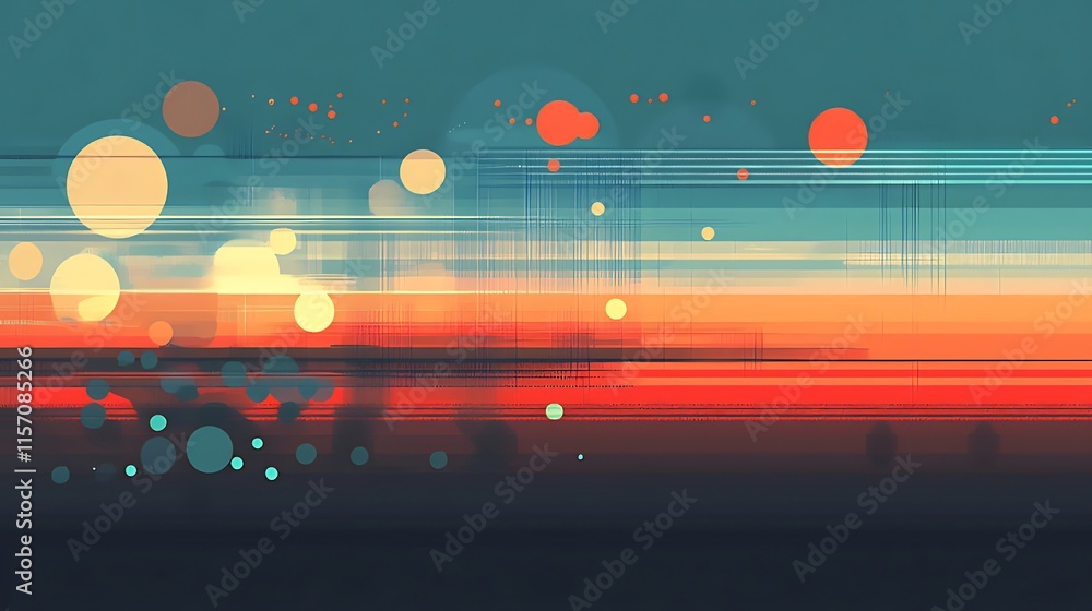 Poster abstract background with blurred lights, horizontal lines, and bokeh effect in teal, orange, and red