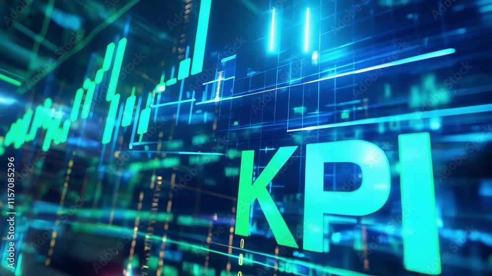 Poster kpi sign, key performance indicator with blue and green charts background showing positive business 