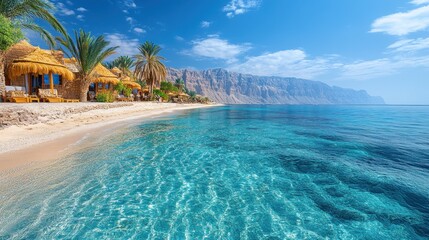 Fototapeta premium Idyllic beach scene with crystal-clear turquoise water, sandy shore, palm trees, and thatched huts against a majestic mountain backdrop.
