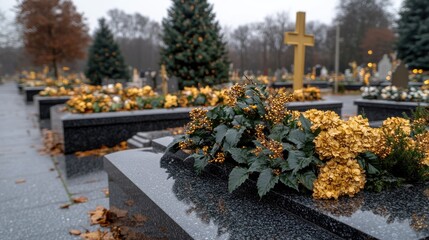 Grave marker features a golden cross on black granite next to a vibrant green plant, capturing a moment of remembrance in a tranquil cemetery setting