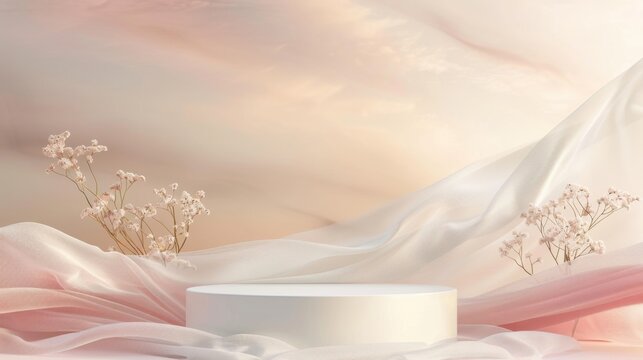 Elegant 3D display podium surrounded by soft nature-toned background showcasing beauty and cosmetic products in a serene setting