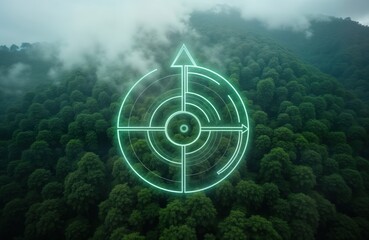 Aerial view of dense forest. Green eco target graphic overlays forest landscape. Target design focuses on eco-friendly business strategies, sustainable development. Graphic aims to enhance