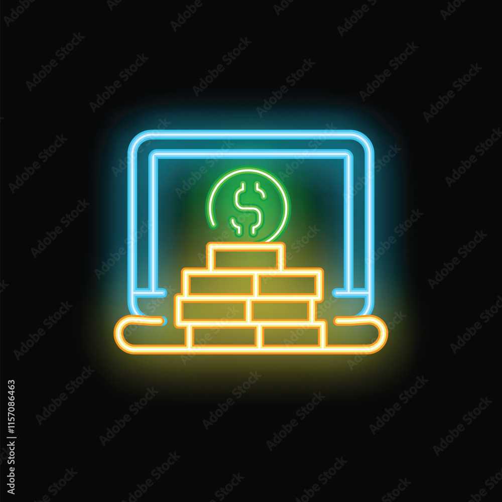 Poster neon sign showing a laptop with a stack of coins growing from it and a dollar symbol above