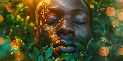 Close-up Portrait of a Person's Face with Projected Leaf Shadows