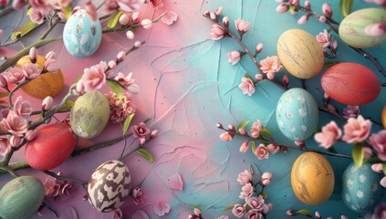 Colorful easter arrangement featuring wooden eggs surrounded by floral elements in a vibrant setting