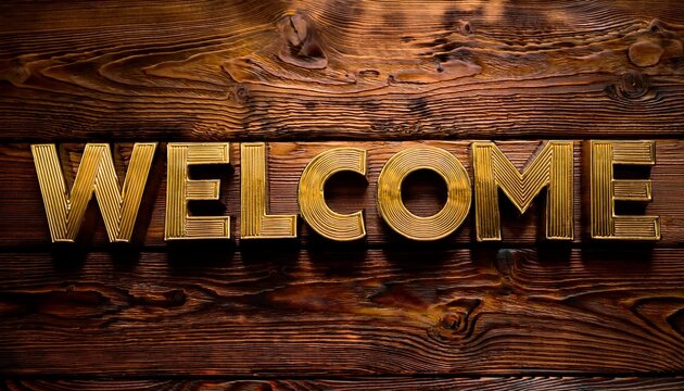 金色で輝く「Welcome」と木製テクスチャが生み出す温かみと高級感のあるデザイン
