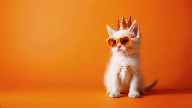 Funny white kitten in golden crown and sunglasses on orange background. Kingsday celebration in the Netherlands concept. Copy space for text, slow motion.
