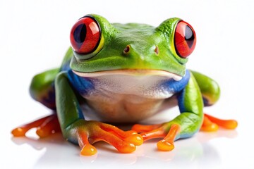 Fototapeta premium Vibrant Green Red-Eyed Tree Frog Isolated on White Background - Stock Photo