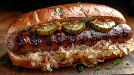 Grilled sausage in a bun with sauerkraut, mustard, and pickles.