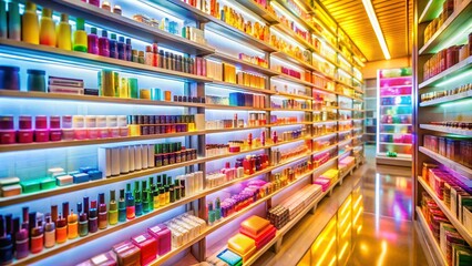 Vibrant Korean Beauty Store: Long Exposure of Colorful Skincare & Cosmetics