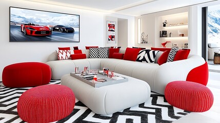 Modern Luxury Living Room Interior Design with Red and White Decor
