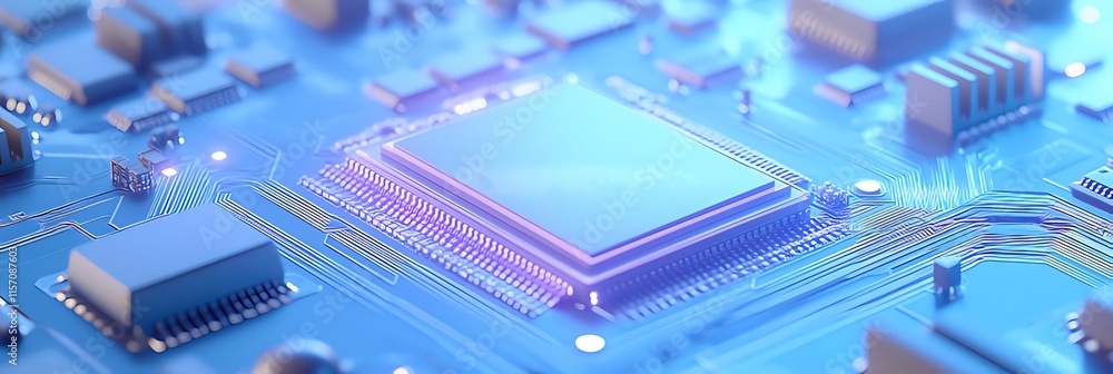 Poster close-up of a computer microchip on a circuit board, glowing with blue light.