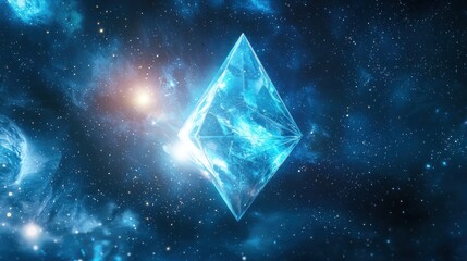 Glowing blue crystal diamond in space.