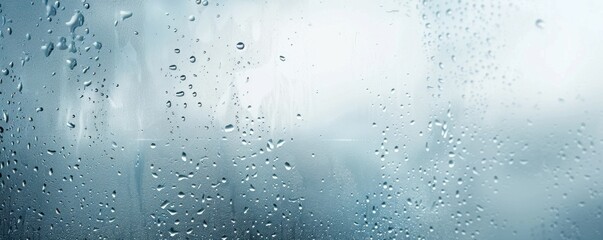 Cold foggy window glass with water drops creating an abstract background in misty gray blue for design inspiration and web site banners