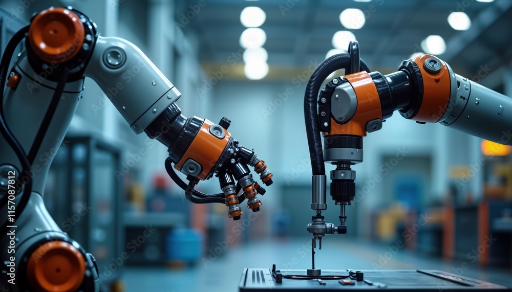 Aufkleber Advanced robotic arms work in factory. Automated assembly line. Modern industrial machines. Precision work. Futuristic manufacturing process. Intelligent systems. Industry 4. 0 technology. Smart