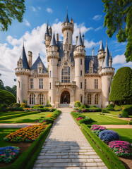 Fototapeta premium A grand, elegant castle with multiple turrets and spires, surrounded by meticulously manicured gardens and a paved pathway under a bright, partly cloudy sky