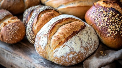 Freshly baked artisanal bread loaves displayed on a wooden surface in a bakery setting during the...
