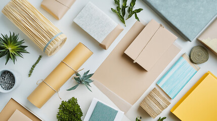 Creative Flat Lay of Eco-Friendly Packaging with Paper Wraps, Reusable Boxes, and Recycled Materials for Promoting Sustainable Shipping Practices in a Brand Advertisement
