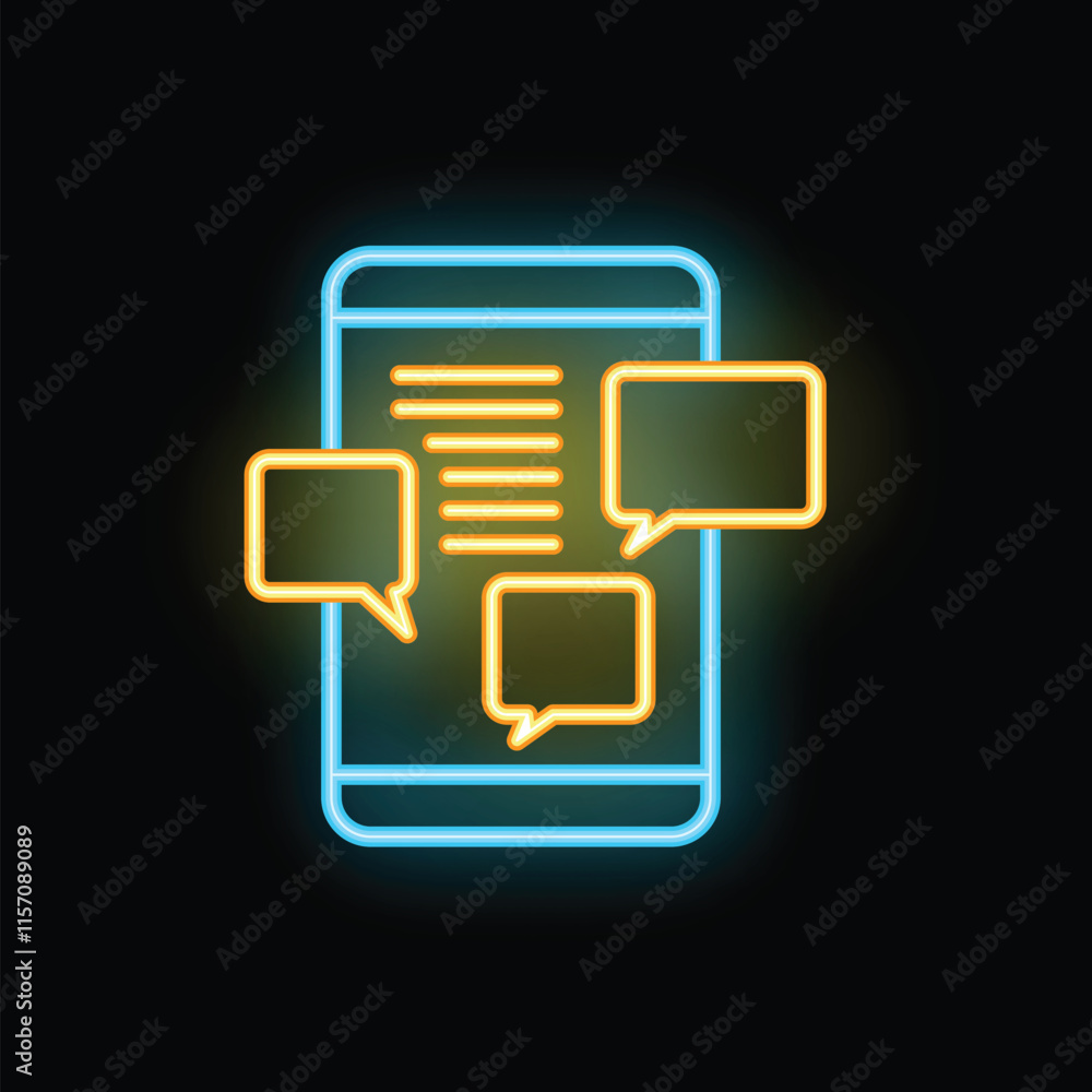 Poster Colorful neon smartphone showing instant messaging application interface with text chat and speech bubbles on dark background